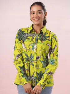 LYFJ Women New Spread Collar Abstract Printed Cotton Casual Shirt