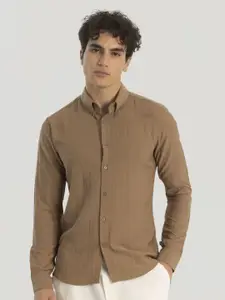 Snitch Men Smart Button-Down Collar Solid Linen Slim Fit Casual Shirt