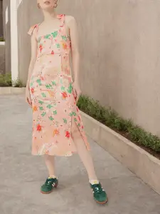 DressBerry Satin Finish Printed Side Slit A-Line Midi Dress