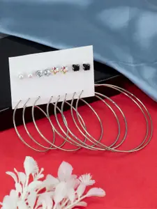 PRIVIU Set Of 8 Silver-Plated Circular Stones Studded Hoop Earrings & Studs