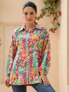Rain & Rainbow Women Abstract Printed Shirt Collar Pure Cotton Top