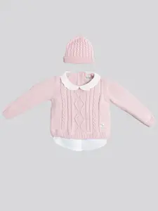 Ed-a-Mamma Baby Girls Cotton Peter Pan Collar Pullover Sweater With Beanie