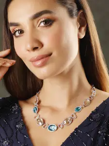 Rubans Rhodium-Plated Teal Blue & Light Brown Cubic Zirconia Studded Statement Necklace