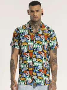 Snitch Men Relaxed Cuban Collar Geometric Printed Boxy Casual Shirt