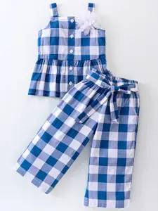 CrayonFlakes Girls Checked Shoulder Straps Neck Sleeveless Top With Palazzo