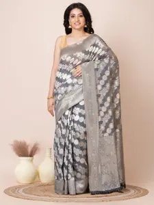 Women Laa Calcutta Floral Zari Organza Banarasi Saree and Blouse Piece