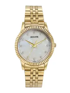 Sonata Women Brass Embellished Dial Around Straps Analogue Watch 87062YM02W