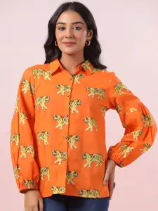 LYFJ Women New Spread Collar Conversational Printed Cotton Casual Shirt