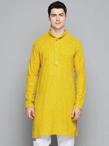 Jompers Men Floral Embroidered Mandarin Collar Cotton Kurta