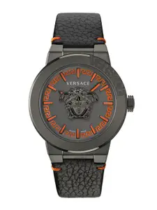 Versace Men Brass Embellished Dial & Leather Straps Analogue Watch VE7E00323