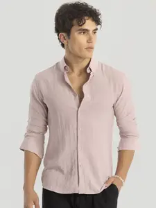 Snitch Men Smart Button-Down Collar Solid Linen Slim Fit Casual Shirt