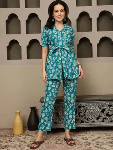 Sangria Women Printed Pure Cotton Top With Trousers Co-Ords