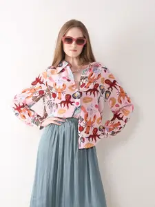 Vero Moda Women Spread Collar Animal Printed Cotton Casual Shirt