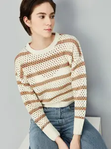 max Women Striped Open Knit Pullover Sweaters
