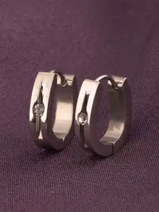 PALMONAS Silver-Plated Stainless Steel Cubic Zirconia Studded Circular Hoop Earrings