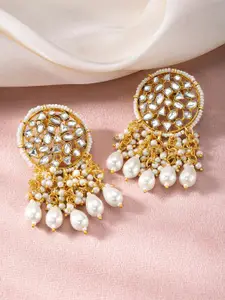 Peora Gold Plated Stone Studded & Kundan Beaded Drop Earrings