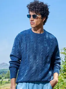 Campus Sutra Men Cotton Self Design Cable Knit Pullover