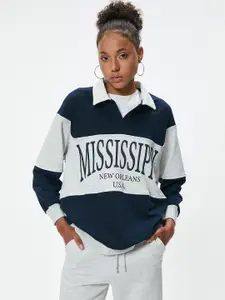 Koton Women Colourblocked Shirt Collar Cotton Pullover Sweatshirt