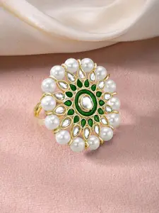 Peora Gold-Plated Kundan Studded & Beaded Adjustable Finger Ring