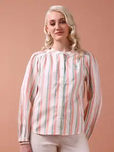 U.S. Polo Assn. Women Vertical Striped Mandarin Collar Pure Cotton Top