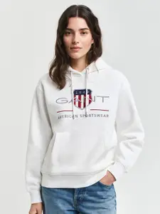 GANT Women Typography Printed Hood Cotton Pullover Ribbed Sweatshirt