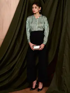 MISH Women Spread Collar Vertical Striped Satin Formal Shirt