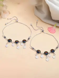 VOJ Silver-Plated Stainless Steel Beaded Peacock Printed Anklet