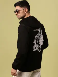 Urban Dog Men Graphic Printed Hood Fleece Pullover Ribbed Sweatshirt