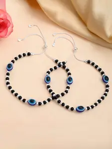VOJ Silver-Plated Stainless Steel Evil Eye Beaded Adjustable Anklet