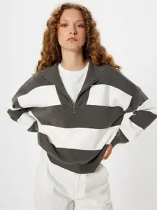 Koton Women Striped Mock Collar Pullover Sweater
