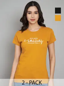 Trend Level Women Pack Of 2 Typography Printed Round Neck Cotton T-shirts