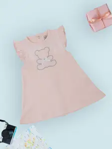 MeeMee Girls Printed Round Neck Flutter Sleeve Cotton A-Line Dress