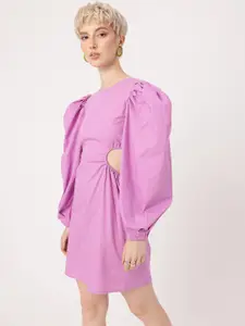 DressBerry Solid Cut-Out Sheath Puff Sleeves Mini Dress