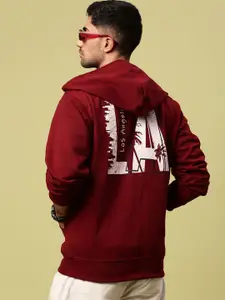 Urban Dog Men Graphic Printed Hood Fleece Front-Open Ribbed Sweatshirt