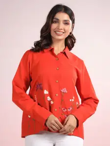 LYFJ Women Floral Embroidered Pure Cotton Regular Fit Casual Shirt