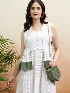 Vishudh Women Ethnic Motifs Printed Fit & Flare Midi Ethnic Dresses With Jacket