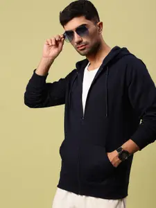 Urban Dog Men Solid Hood Fleece Front-Open Ribbed Sweatshirt