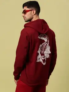 Urban Dog Men Graphic Printed Hood Fleece Pullover Ribbed Sweatshirt