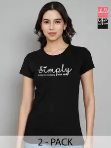 Trend Level Women Pack Of 2 Typography Printed Round Neck Cotton T-shirts