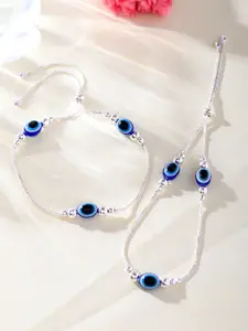 VOJ Silver-Plated Stainless Steel Beaded Evil Eye Anklet
