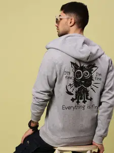 Urban Dog Men Graphic Printed Hood Fleece Front-Open Ribbed Sweatshirt