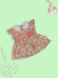MeeMee Floral Printed Cotton Peter Pan Collar Flutter Sleeve Fit & Flare Dress
