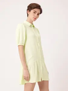 DressBerry Puffed Sleeves Gathers Crepe Shirt Style Mini Dress