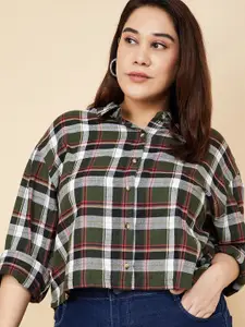 max Women Spread Collar Tartan Checked Cotton Plus Size Casual Shirt