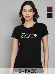 Trend Level Women Pack Of 2 Typography Printed Round Neck Cotton T-shirts