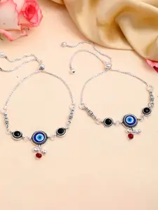 VOJ Silver-Plated Stainless Steel Evil Eye Beaded Adjustable Anklet