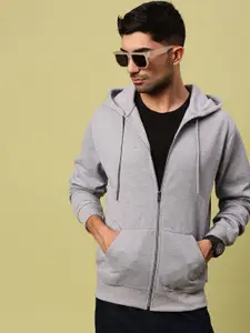 Urban Dog Men Solid Hood Fleece Front-Open Ribbed Sweatshirt