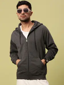 Urban Dog Men Solid Hood Fleece Front-Open Ribbed Sweatshirt