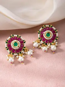 Peora Gold-Plated Beaded & Stone Studded Drop Earrings