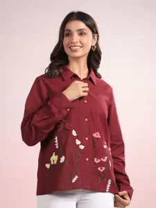 LYFJ Women Floral Embroidered Pure Cotton Regular Fit Casual Shirt